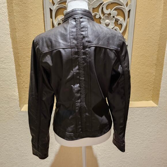 Freda M Brown Faux Leather Moto Jacket Gold Zip Pockets Vegan PVC Lined - Picture 5 of 13